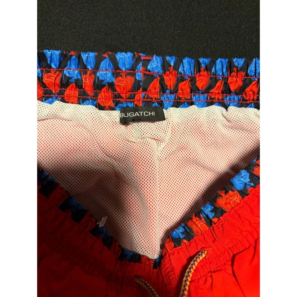 Bugatchi Mens Red Swim Trunks Floral Trim Mesh Lined Nylon Board Shorts Large